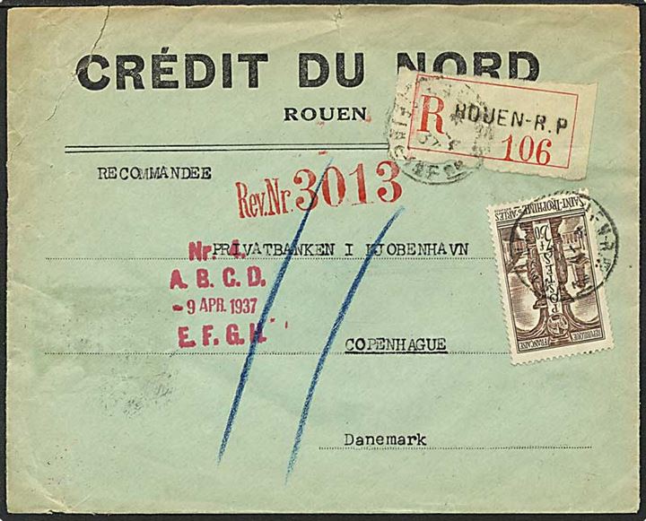 3,50 fran brun Saint-Trophine singelfrankatur på Rec. brev fra Rouen, Frankrig, til København d. 9.4.1937.