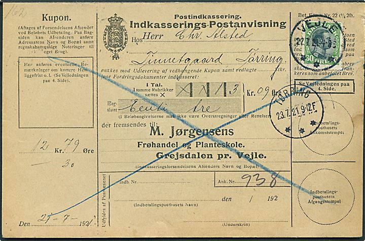 30 øre Chr. X single på retur Indkasserings-Postanvisning fra Vejle d. 22.7.1921 til Tørring.