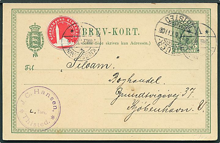 5 øre Chr. IX helsagsbrevkort med Kjøbenhavns Kirkesag mærkat fra Thisted annulleret med bureaustempel Struer - Thisted T.1105 d. 9.1.1906 til Kjøbenhavn. 