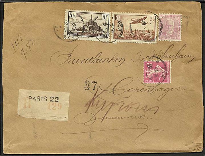 9,80 frank på værdibrev fra Paris, Frankrig, d.31.7.1936 til København.