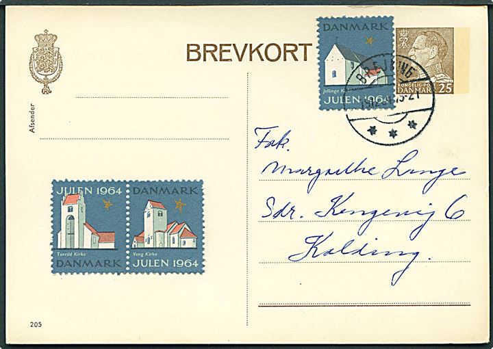 25 øre Fr. IX helsagsbrevkort (fabr. 205) med Julemærke 1964 fra Brejning d. 19.12.1964 til Kolding.