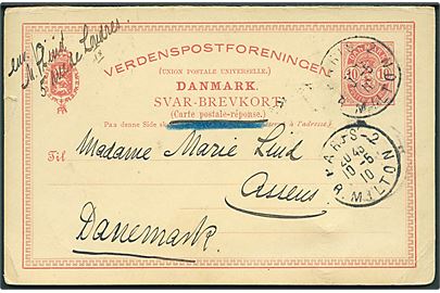 10 øre Våben svardel af dobbelt helsagsbrevkort annulleret med fransk stempel i Paris d. 10.5.1910 til Assens, Danmark.