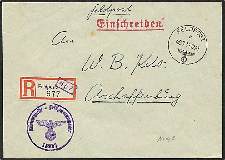 Rec. feltpostbrev fra Norge d. 31.12.1941 til Aschaffenburg, Tyskland.