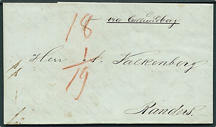 1843. Portobrev med antiqua Kjøbenhavn d. 9.12.1843 til Randers. Påskrevet: via Callundborg.