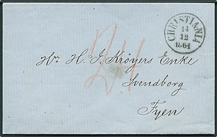 1861. Portobrev med antiqua Christiania d. 14.12.1861 til Svendborg, Danmark. Udtakseret i 24 sk. porto.