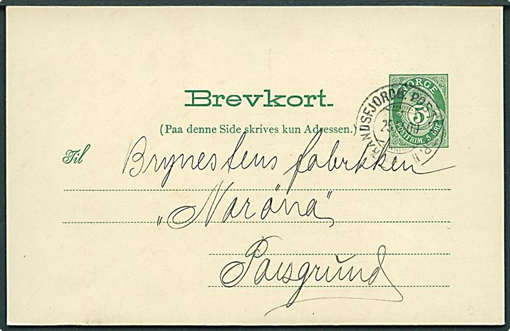 5 øre helsagsbrevkort annulleret med bureaustempel Randsfjordb. Posteksp. II d. 25.4.1900 til Porsgrund.