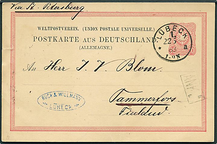 10 pfg. helsagsbrevkort fra Lübeck d. 22.5.1883 til Tammerfors, Finland. Påskrevet via St. Petersburg.