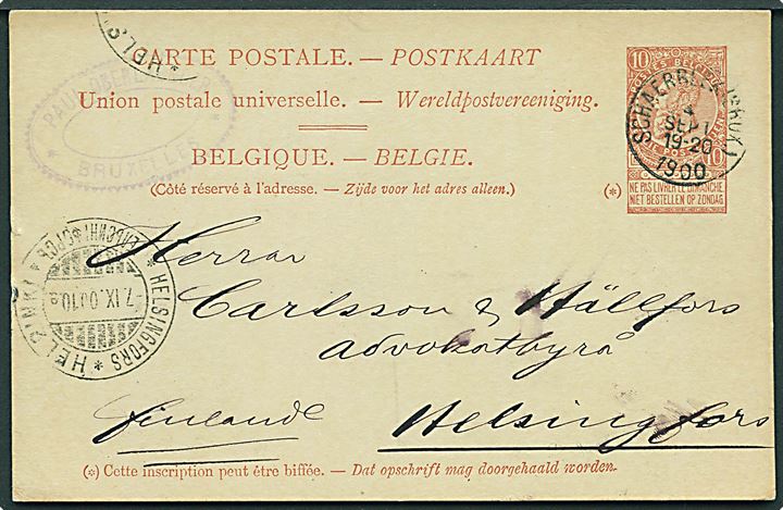 10 c. helsagsbrevkort fra Schaerbeek d. 4.9.1900 til Helsingfors, Finland.