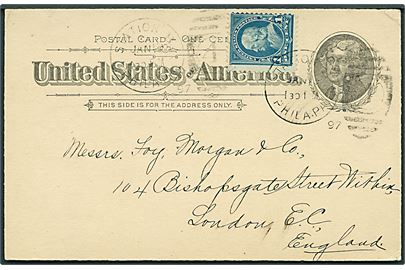 1 cent helsagsbrevkort opfrankeret med 1 cent Franklin stemplet Station B Philadelphia d. 18.1.1897 til London, England.