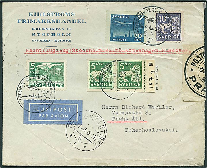35 öre blandingsfrankeret luftpostbrev fra Stockholm stemplet Nattpostflygning Stockholm - Hannover d. 6.7.1937 til Prag, Tjekkoslovakiet. Åbnet af tjekkisk toldkontrol.