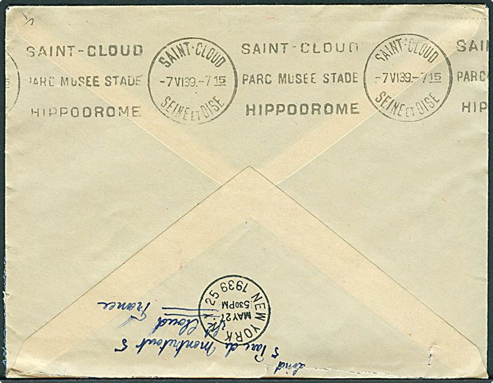 8,30 fr. blandingsfrankeret 1.-flyvningsbrev Marseille-New York fra St. Cloud d. 24.5.1939 via New York d. 27.5.1939 til St. Cloud, Frankrig. Stort rødt flyvningsstempel.