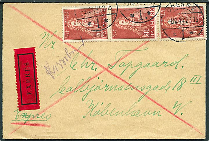 20 øre Rømer (3) på ekspresbrev fra Odense d. 9.12.1944 til København. Håndskrevet Kassebrev.