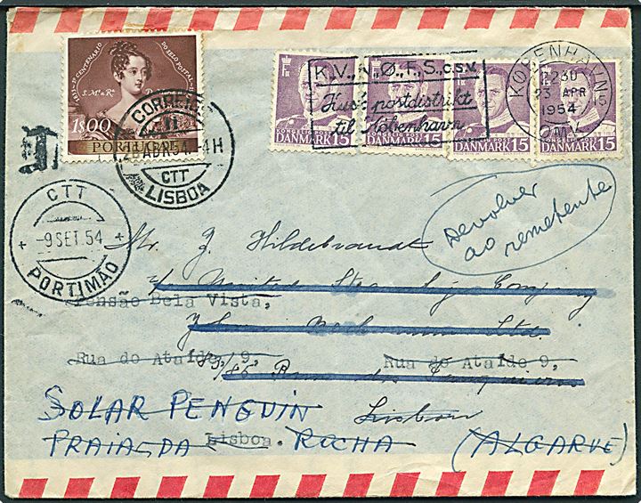 15 øre Fr. IX (4) på luftpostbrev fra København d. 23.4.1954 til Lissabon. Eftersendt flere gange med 1$00 stemplet Lisboa d. 26.4.1954 og endelig returneret.