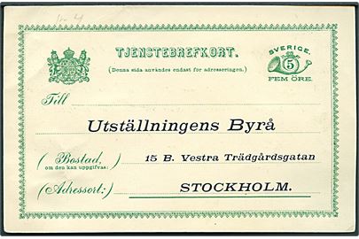 5 öre Tjenestebrevkort med fortrykt meddelelse vedr. Allmänna Konst och Industriutställningen i Stockholm 1897. Sendt til Utställningens Byrå i Stockholm. 