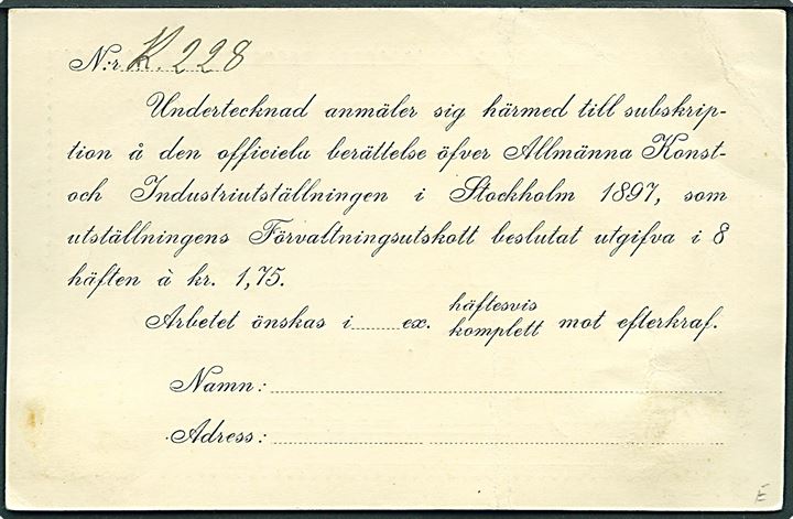 5 öre Tjenestebrevkort med fortrykt meddelelse vedr. Allmänna Konst och Industriutställningen i Stockholm 1897. Sendt til Utställningens Byrå i Stockholm. 