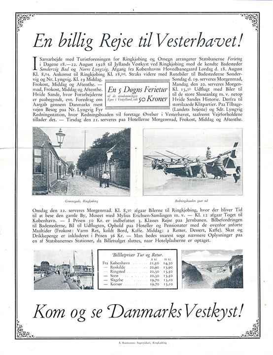 Statsbanernes Ferietur til Vesterhavet 18.-22. August 1928. Illustreret brochure.