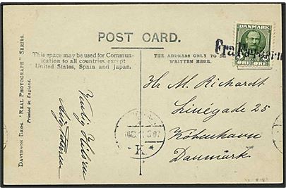 5 øre grøn Fr. VIII på postkort fra Færøerne til København d. 11.5.1907. Fra Færøerne skibsstempel.