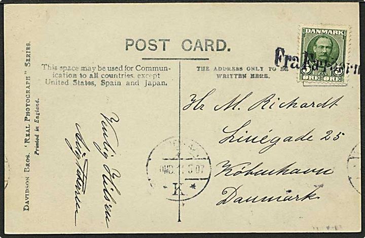 5 øre grøn Fr. VIII på postkort fra Færøerne til København d. 11.5.1907. Fra Færøerne skibsstempel.