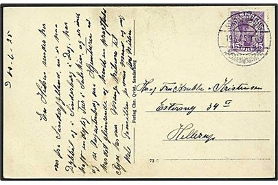 15 øre violet Chr. X med takningsmangel på postkort fra Sønderborg d. 19.6.1925 til Hellerup. Sønderborg / Nordborg bureaustempel.