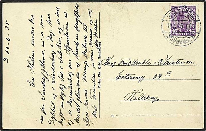 15 øre violet Chr. X med takningsmangel på postkort fra Sønderborg d. 19.6.1925 til Hellerup. Sønderborg / Nordborg bureaustempel.