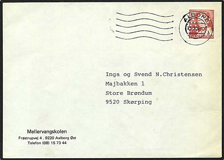 2,70 kr. rød Dr. Margrethe på brev fra Ålborg d. 13.8.1984 til Skørping. Mærket med perfin A32 - Ålborg Kommune.