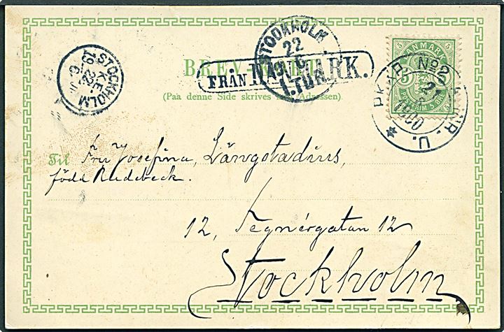 5 øre Våben på brevkort (Matros og Københavns indre havn) annulleret med svensk bureau stempel PKXP No. 2 A. INR. U. d. 21.6.1900 og sidestemplet Från Danmark til Stockholm, Sverige.