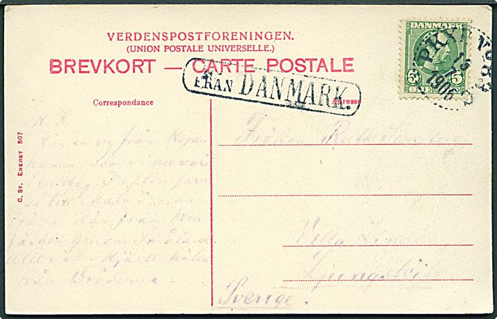 5 øre Chr. IX på brevkort (København, Børsen) annulleret med svensk bureau stempel PKXP No. 83C d. 13.7.1906 og sidestemplet Från Danmark til Ljungs..., Sverige.