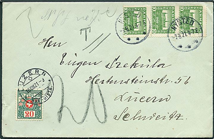 10 øre Genforening i 3-stribe på underfrankeret brev fra Nysted d. 7.8.1921 til Luzern, Schweiz. Udtakseret i porto med 20 c. Portomærke stemplet Luzern d. 10.8.1921.