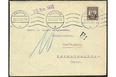 40 øre brun Roskilde Domkirke singelfrankatur på brev fra Aalborg d. 13.9.1921 til Berchtesgaden, Tyskland.