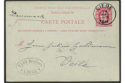 10 centimes rød enkeltbrevkort fra Liege, Belgien, d. 29.5.184 til Vejle. Påskrevet Danemark og Veile lapidarstempel ankomststempel på bagsiden.