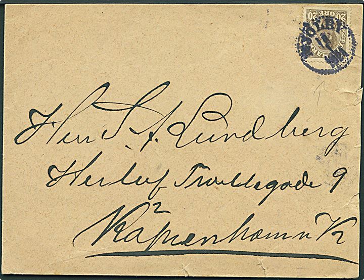 20 øre Chr. X på brev annulleret med svensk stempel i Mjölby d. 18.1.1924 til København, Danmark. Ikke udtakseret i porto.