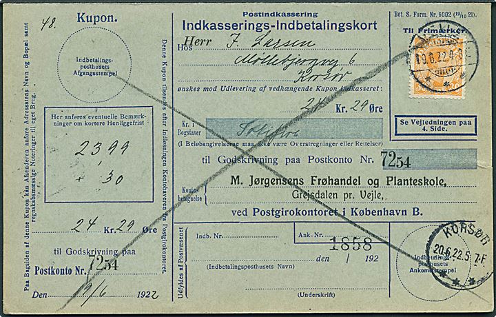 30 øre Chr. X på retur Indkasserings-Indbetalingskort fra Veile d. 19.6.1922 til Korsør.