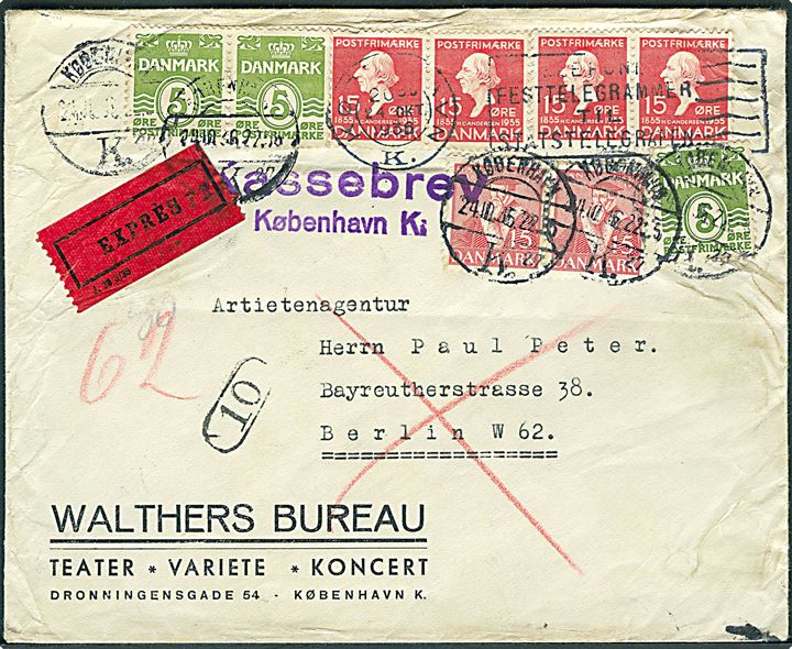 5 øre (2) Bølgelinie og 15 øre H.C.Andersen (4) på underfrankeret ekspresbrev fra København d. 24.10.1936 til Berlin, Tyskland. Stemplet Kassebrev København K. og postalt opfrankeret med 5 øre Bølgelinie og 15 øre Tavsen (2). Brevet befordret med rørpost i Berlin med påskrift 62 og ank.stempel Berlin NV 62 d. 25.10.1936.