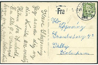 15 øre Fr. IX på brevkort (Parti fra Anholt By) stemplet København d. 29.7.1950 og svagt skibsstempel Fra Anholt til København.