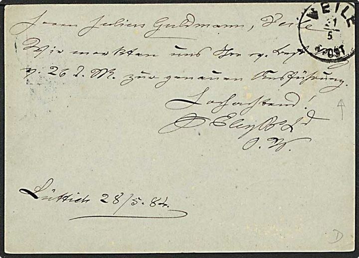 10 centimes rød enkeltbrevkort fra Liege, Belgien, d. 29.5.184 til Vejle. Påskrevet Danemark og Veile lapidarstempel ankomststempel på bagsiden.