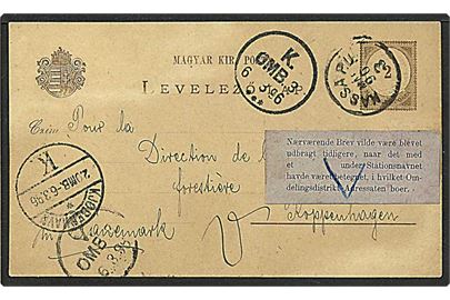 2 krajczar enkeltbrevkort fra Nassa, Ungarn, d. 3.3.1896 til København. Vignet angående fuldstændig adresse.
