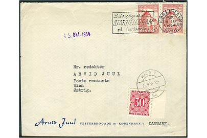 30 øre 1000 års udg. i parstykke på brev fra København d. 21.9.1954 til poste restante i Wien, Østrig. 30 gr. østrigsk portomærke stemplet Wien d. 23.9.1954.