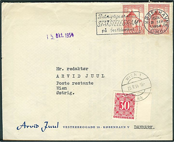 30 øre 1000 års udg. i parstykke på brev fra København d. 21.9.1954 til poste restante i Wien, Østrig. 30 gr. østrigsk portomærke stemplet Wien d. 23.9.1954.