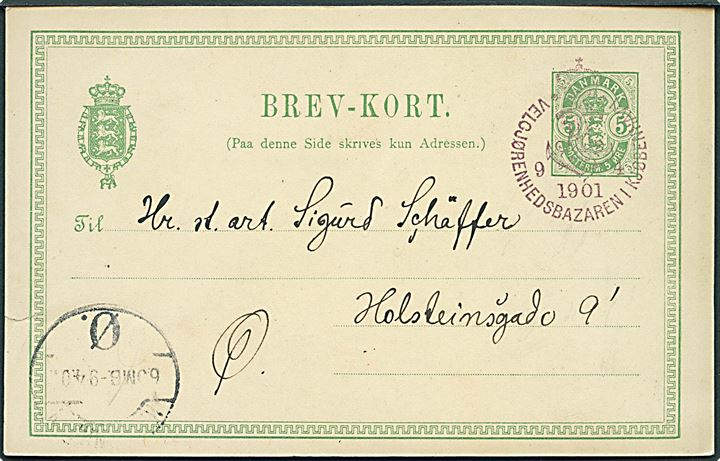 5 øre Våben helsagsbrevkort (Harald Slott-Møller Atlas) annulleret med særstempel Velgjørenhedsbazaren i Kjøbenhavn d. 9.4.1901 til Nykøbing F.