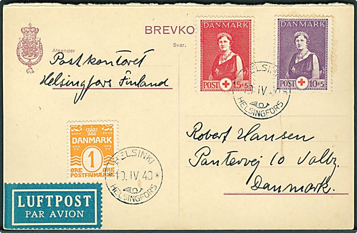 7 øre svardel af dobbelt helsagsbrevkort benyttet som brevkort med 1 øre Bølgelinie, samt 10+5 øre og 15+5 øre Røde Kors sendt som luftpost stemplet Helsingfors d. 10.4.1940 til Danmark.