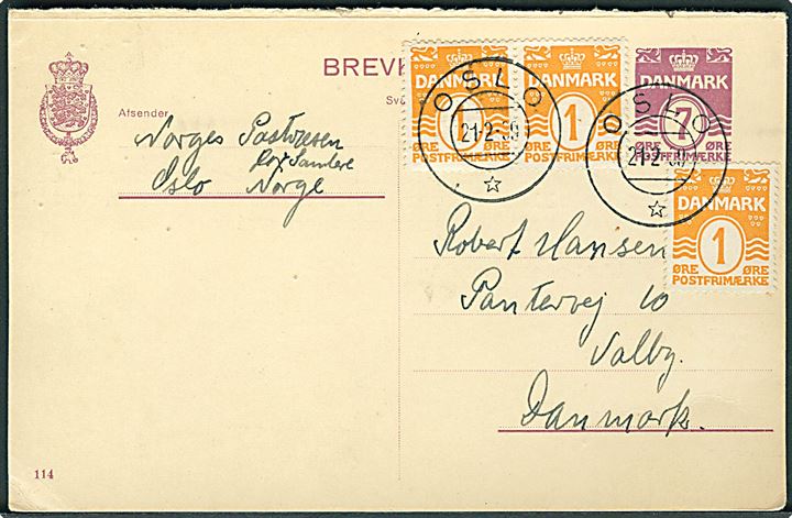 7 øre svardel af dobbelt helsagsbrevkort opfrankeret med 1 øre bogtryk Bølgelinie (3) annulleret med norsk stempel i Oslo d. 21.2.1939 til København, Danmark.