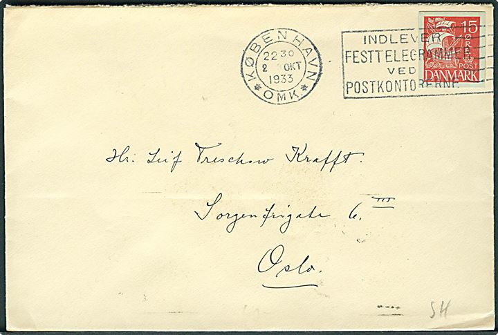 15 øre Karavel helsagsafklip anvendt som frankering på brev fra København d. 2.10.1933 til Oslo, Norge.