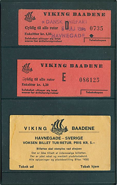 Viking Baadene. Havnegade - Sverige. 3 forskellige billetter. 