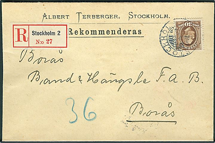 30 öre Oscar på anbefalet brev fra Stockholm d. 30.4.1902 til Borås.