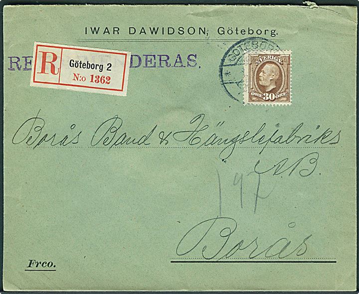 30 öre Oscar på anbefalet brev fra Göteborg d. 1.7.1904 til Borås.