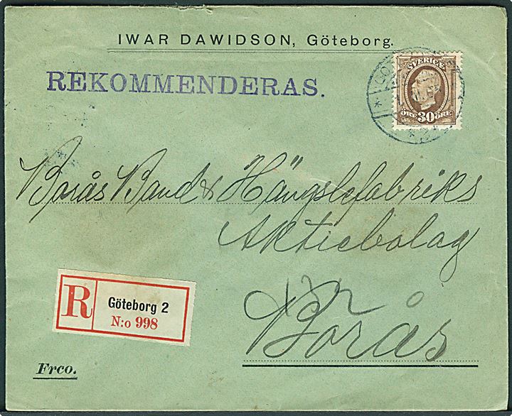30 öre Oscar på anbefalet brev fra Göteborg d. 1.3.1905 til Borås.