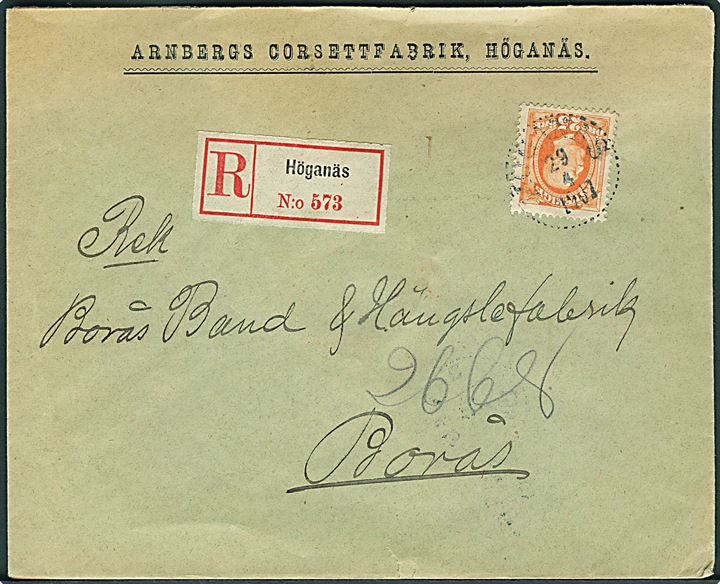 25 öre Oscar single på anbefalet brev fra Göteborg d. 29.4.1907 til Borås.