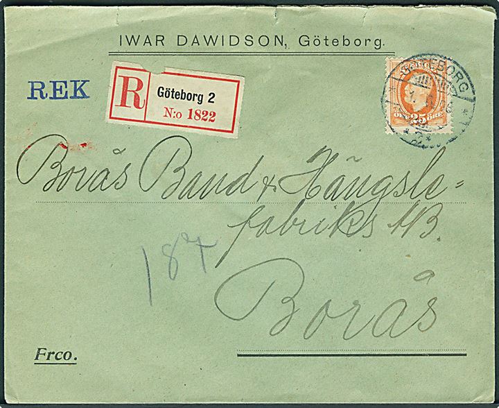 25 öre Oscar single på anbefalet brev fra Göteborg d. 1.6.1906 til Borås.
