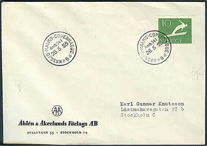 10 øre Idræt på tryksag annulleret med sejlende bureaustempel Nässjö-Malmö-Copenhague *B* Amb. 141 d. 26.5.1955 til Stockholm.