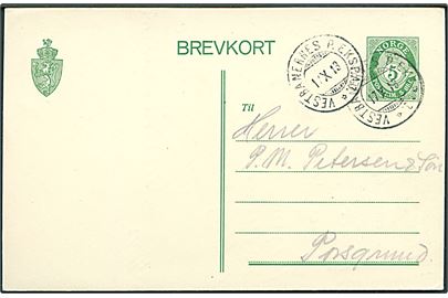 5 øre Posthorn helsagsbrevkort annulleret med bureaustempel Vestbanernes P. Eksp.A. 3. d. 17.10.1913 til Porsgrund.